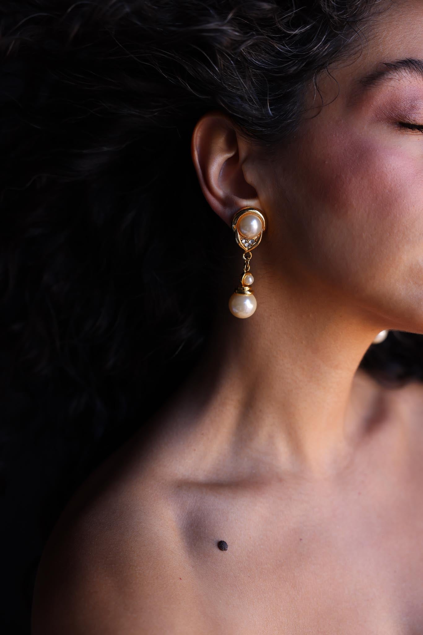 Pearl Drop Clip-On Earrings with Rhinestone Accents|Vintage Baazaar 