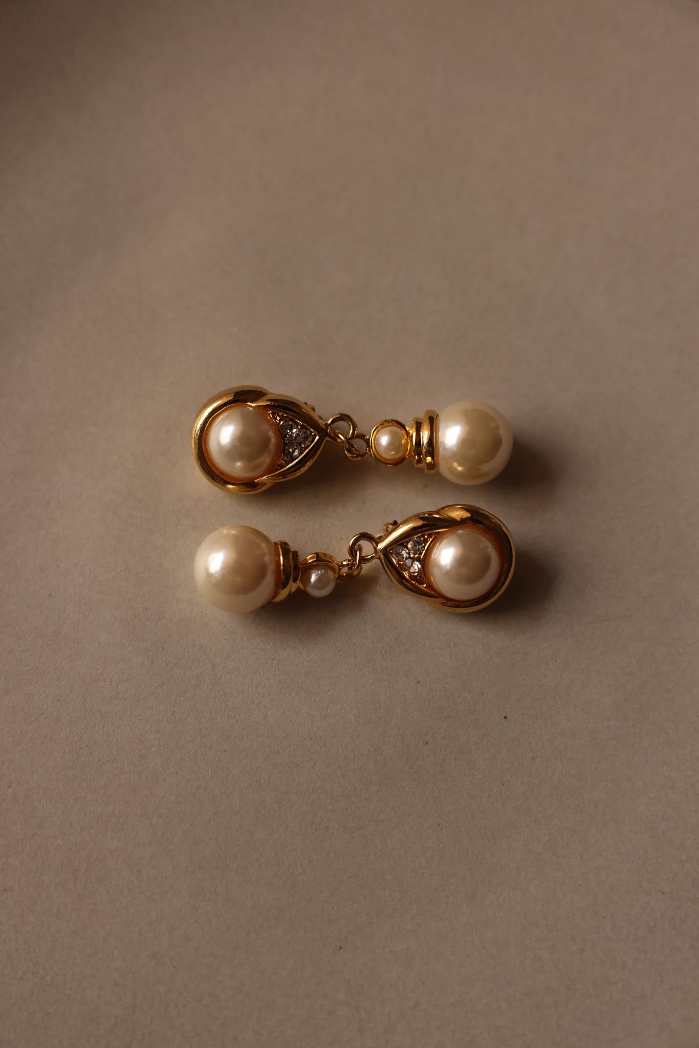 Pearl Drop Clip-On Earrings with Rhinestone Accents|Vintage Baazaar 