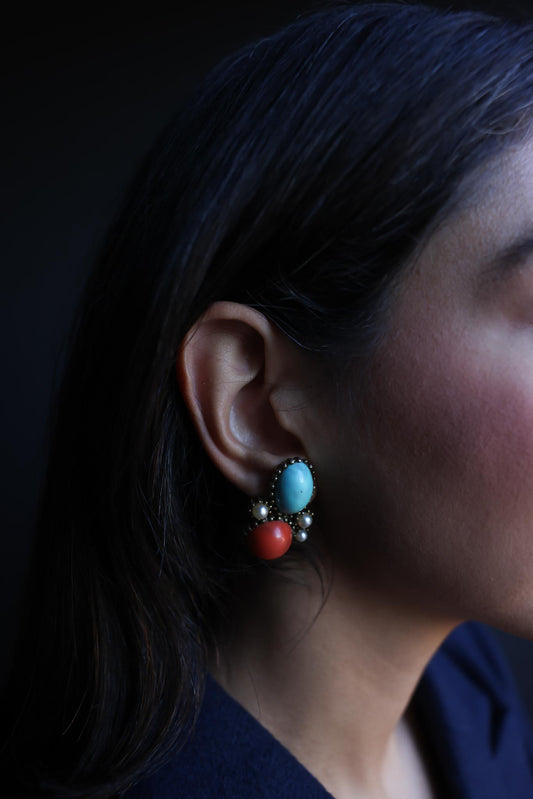 The Coral & Turquoise Bloom Earrings|Vintage Baazaar 