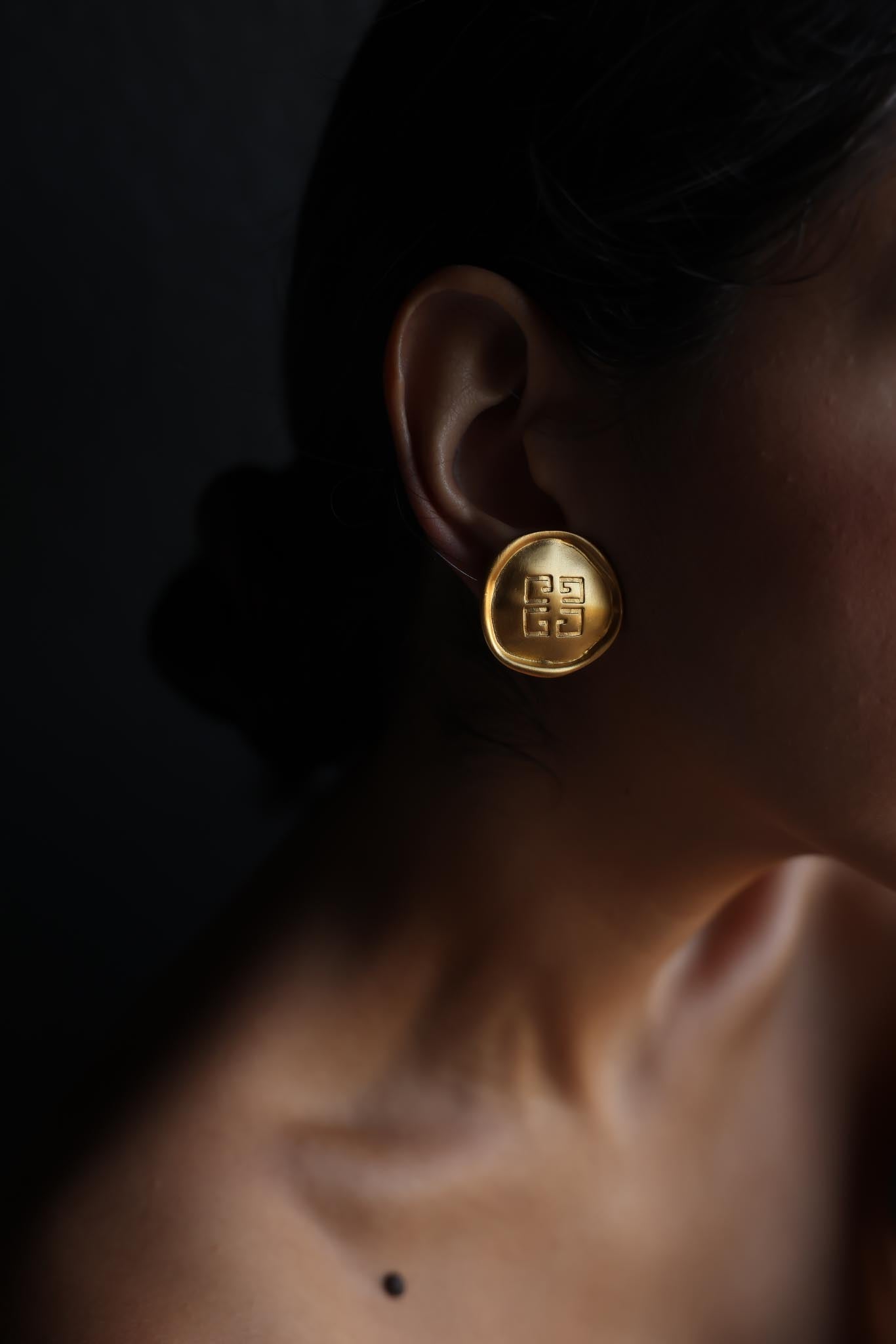 Givenchy Logo Matte Gold Clip-On Earrings|Vintage Baazaar 