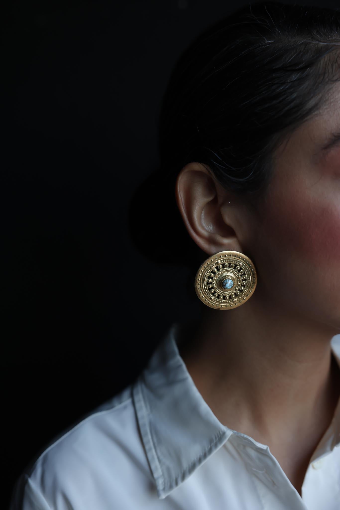 Gold-Toned Medallion Pierced Earrings with Turquoise Accents|Vintage Baazaar 