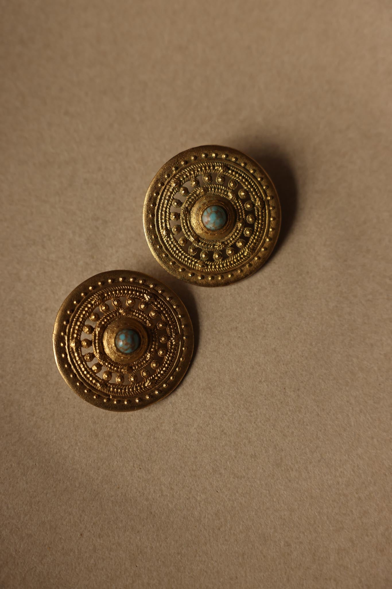 Gold-Toned Medallion Pierced Earrings with Turquoise Accents|Vintage Baazaar 