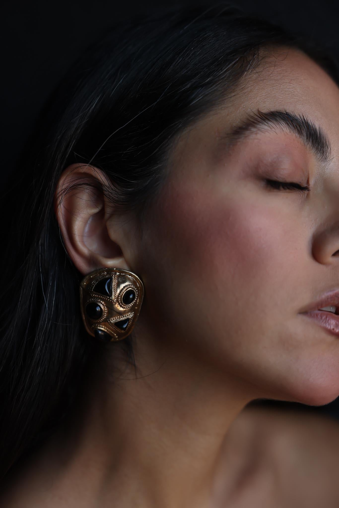 Gold-Tone Clip-On Earrings with Black Accents – 1980s
