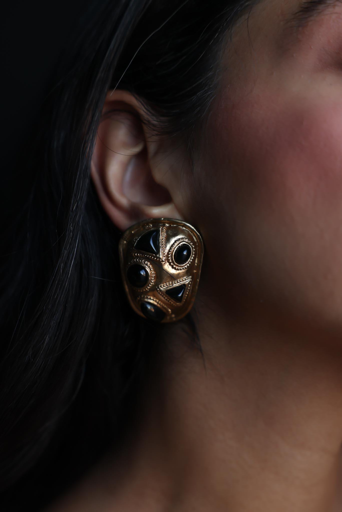 Gold-Tone Clip-On Earrings with Black Accents – 1980s