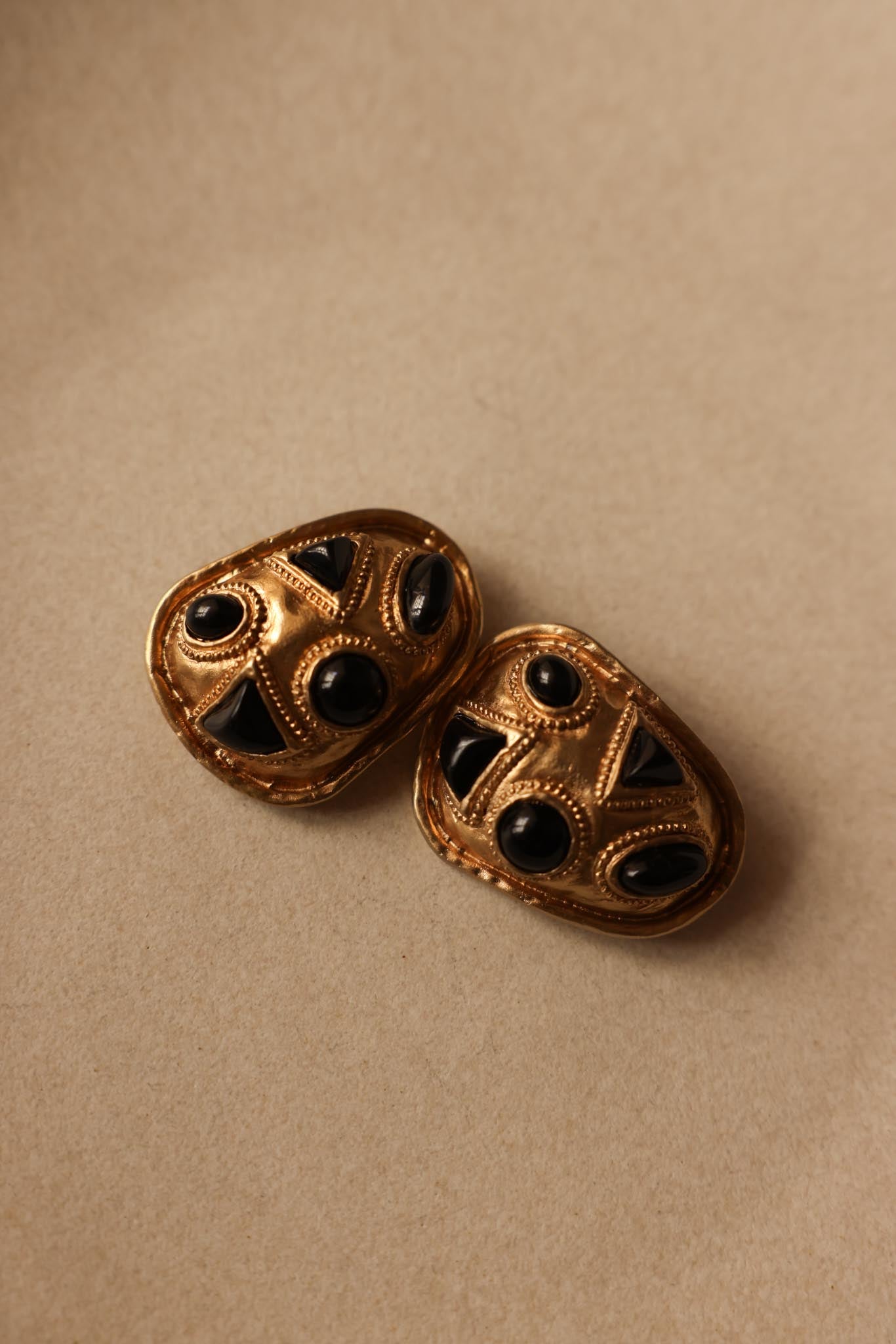 Gold-Tone Clip-On Earrings with Black Accents – 1980s