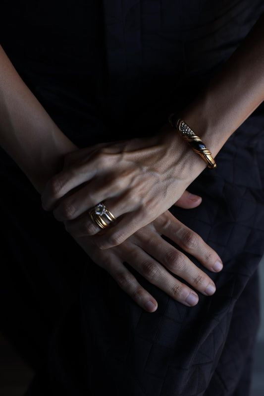 Black Enamel and Rhinestone Hinge Bracelet|Vintage Baazaar 