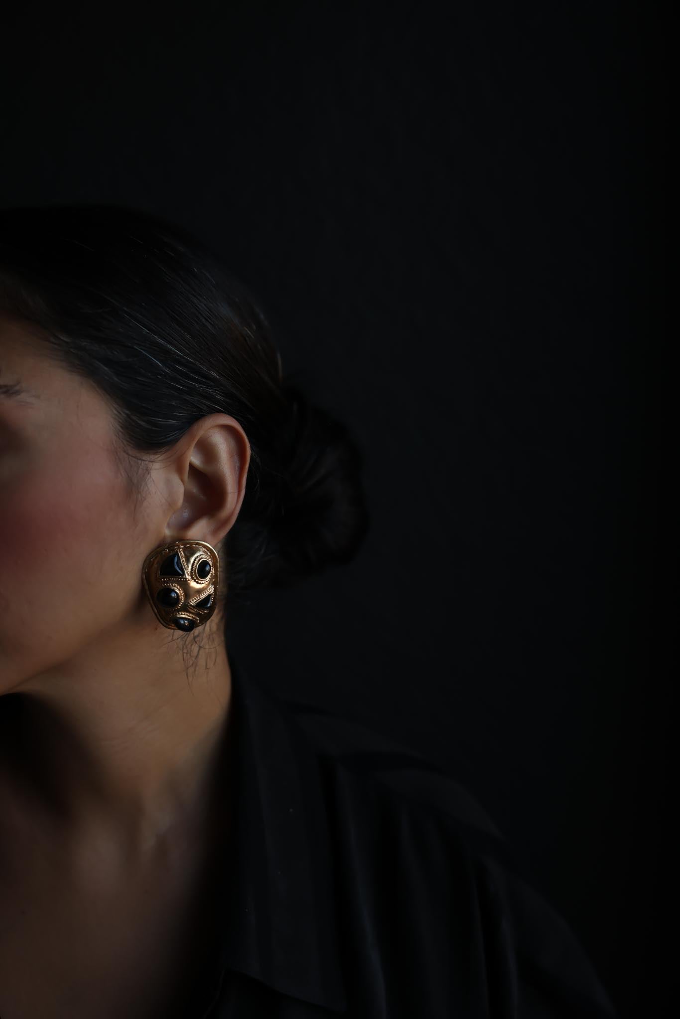 Gold-Tone Clip-On Earrings with Black Accents – 1980s