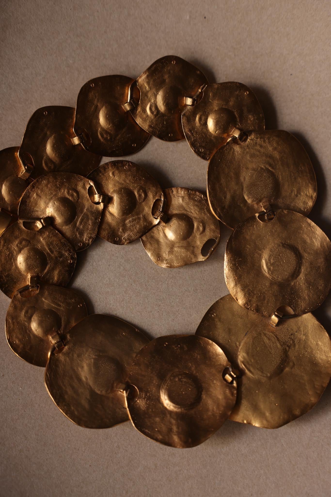 1980s Unsigned Les Bernard Hammered Disc Statement Necklace