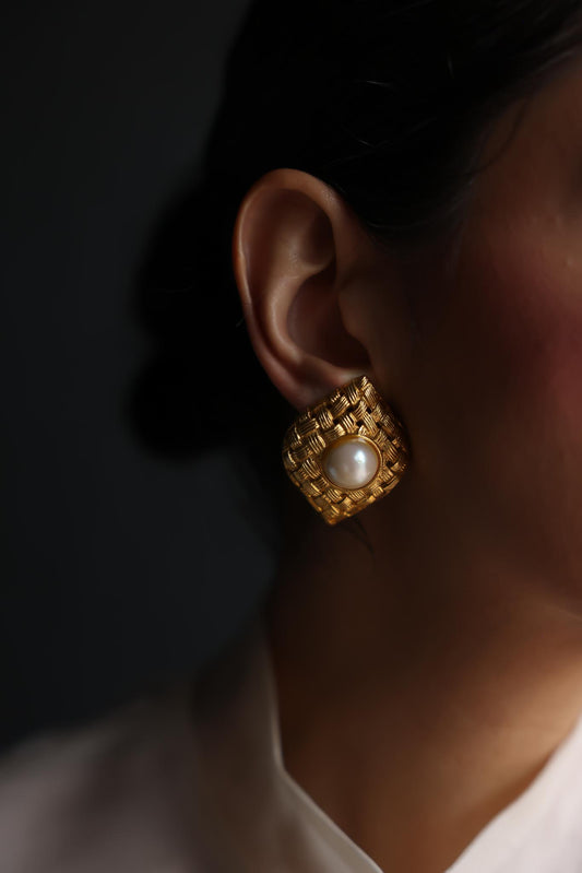 Woven Brushed Gold Clip-On Earrings with Faux Pearl|Vintage Baazaar 
