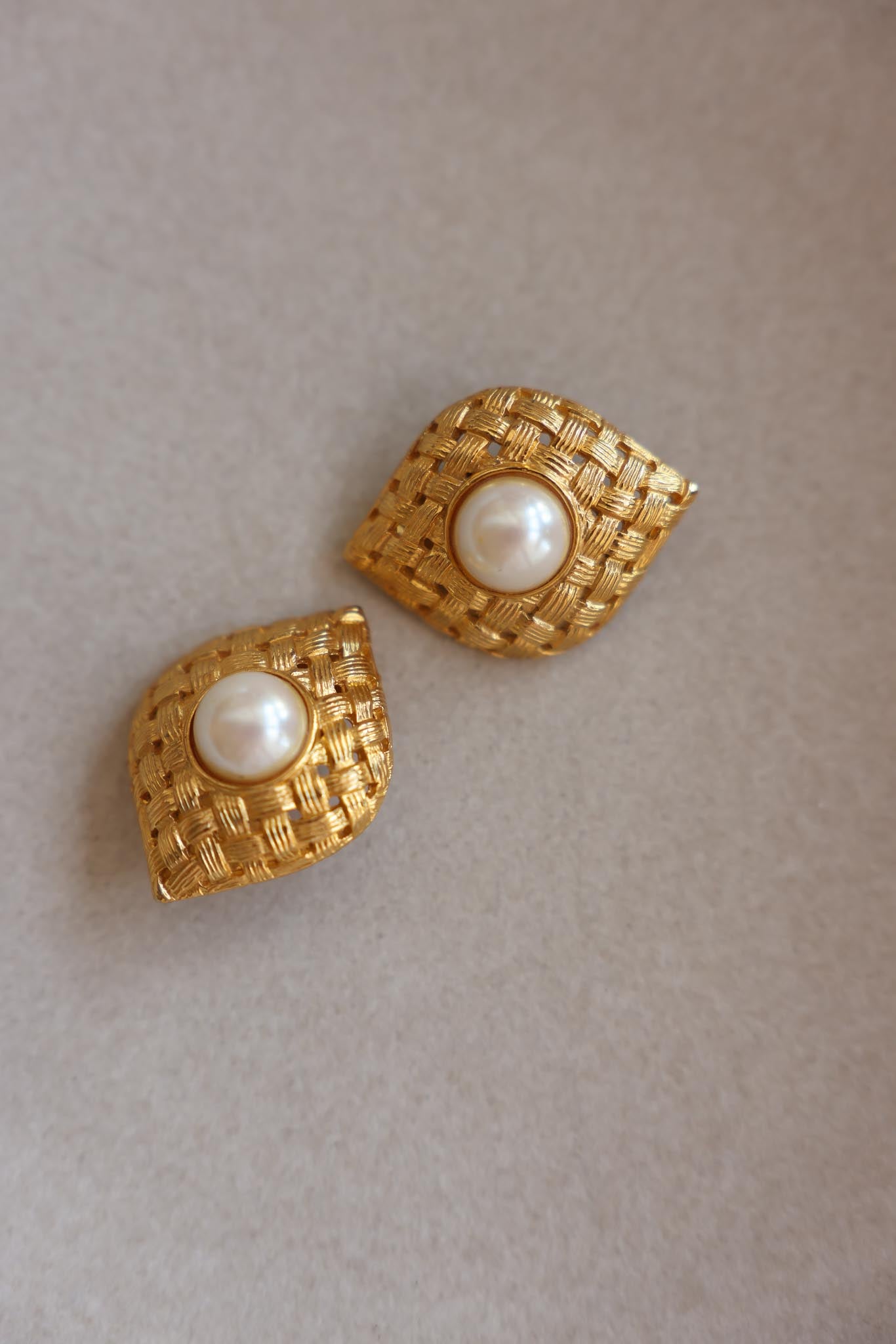 Woven Brushed Gold Clip-On Earrings with Faux Pearl|Vintage Baazaar 