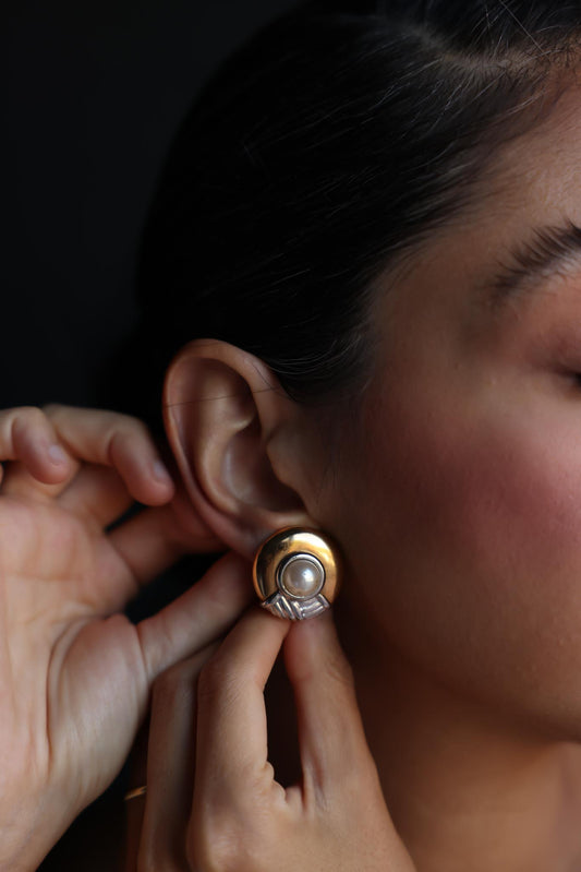 Two-Tone Clip-On Earrings with Pearl Accents – 1980s