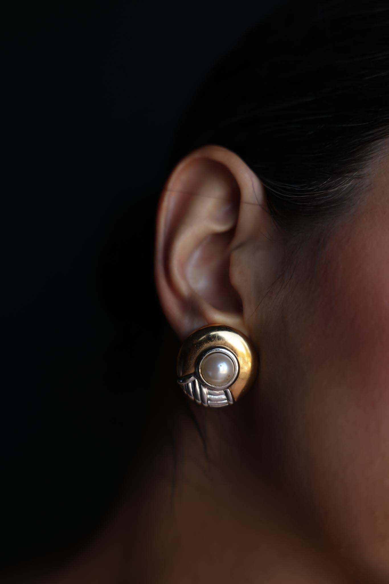 Two-Tone Clip-On Earrings with Pearl Accents – 1980s
