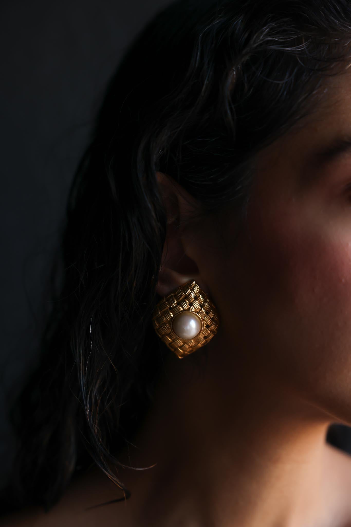 Woven Brushed Gold Clip-On Earrings with Faux Pearl|Vintage Baazaar 