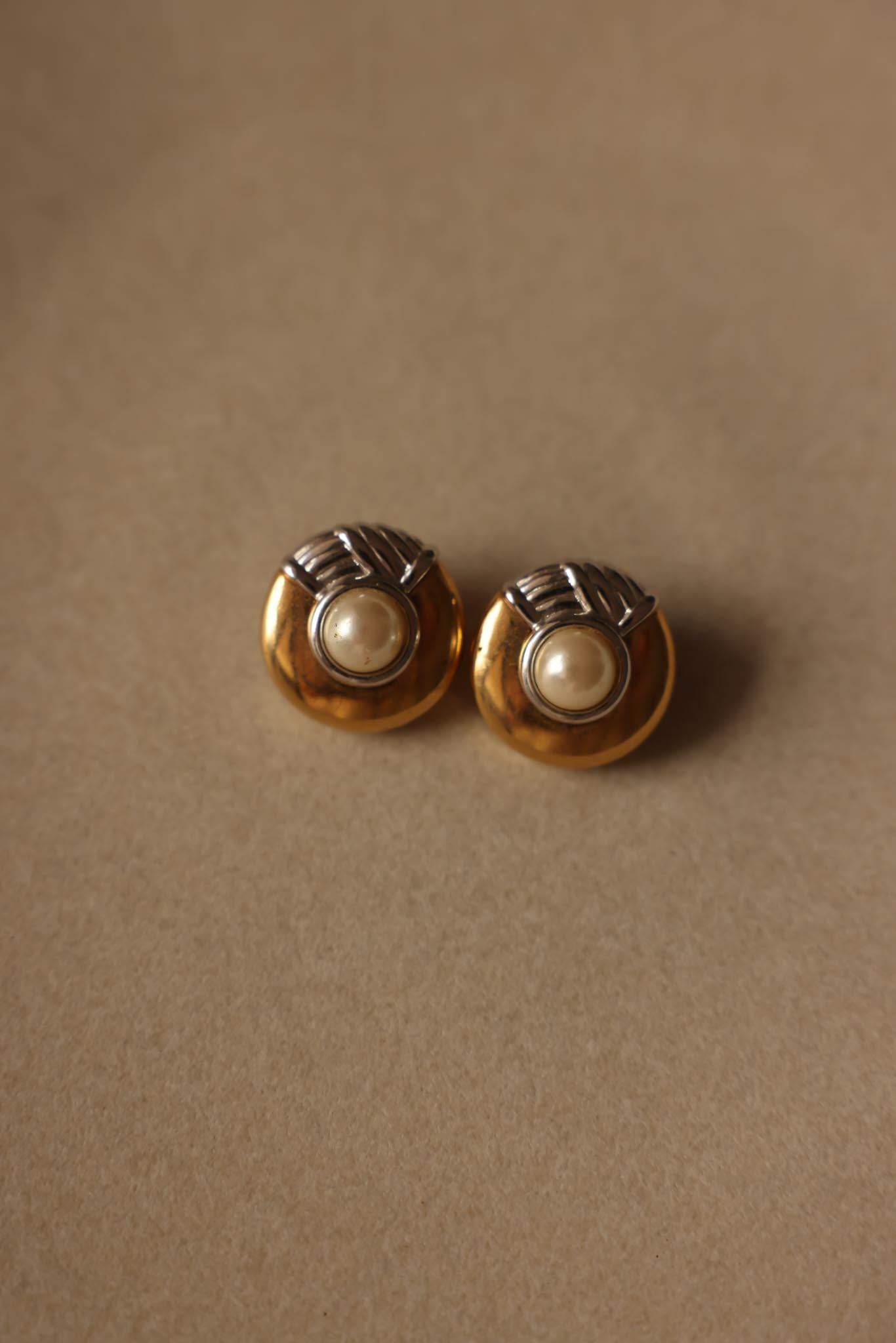 Two-Tone Clip-On Earrings with Pearl Accents – 1980s