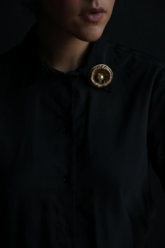 Gold-Tone Brooch with Faux Pearl Center – 1980s