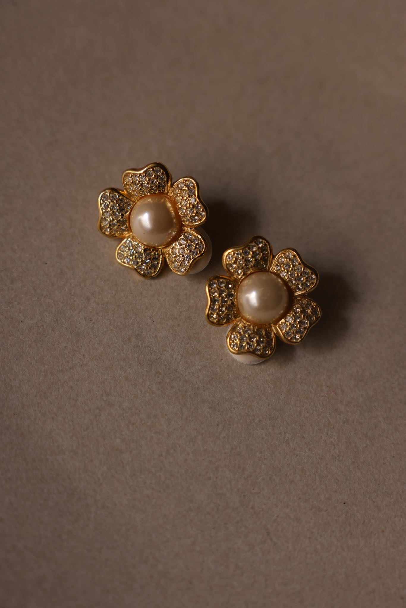 Rhinestone Flower Clip-On Earrings with Faux Pearl Center