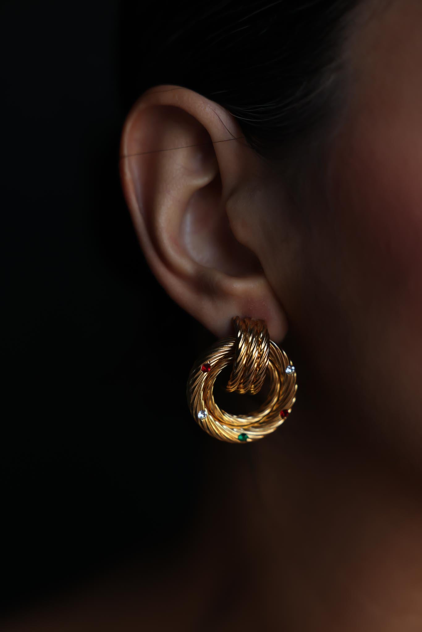 Gold-Tone Pierced Earrings with Red, Green, and Clear Accents – 1980s