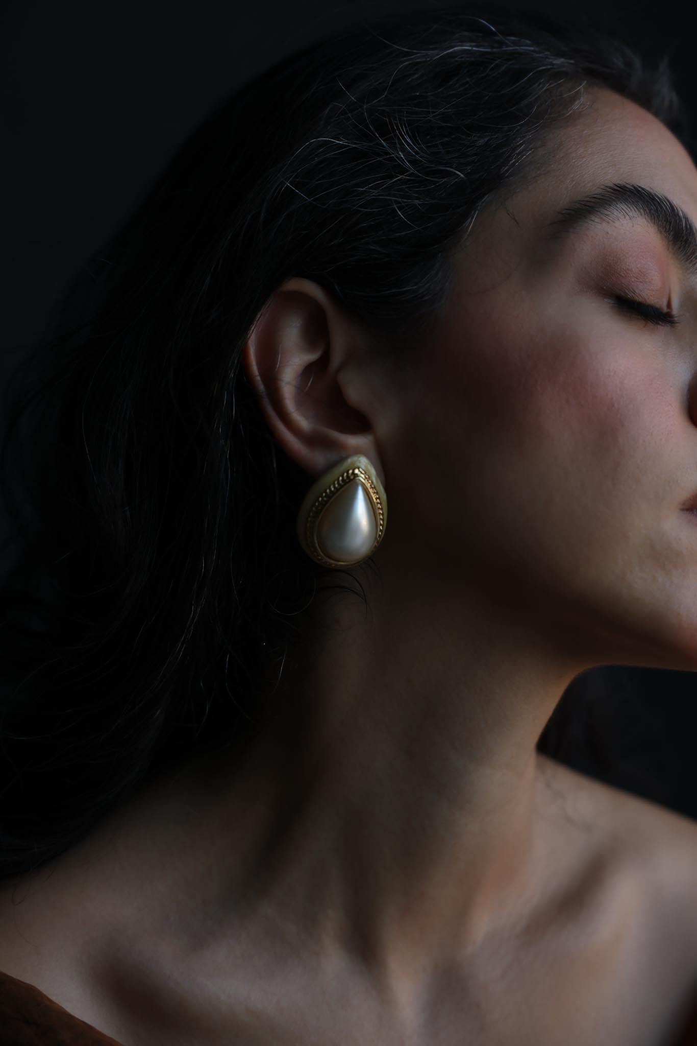 Teardrop Faux Pearl and Ivory Enamel Clip-On Earrings