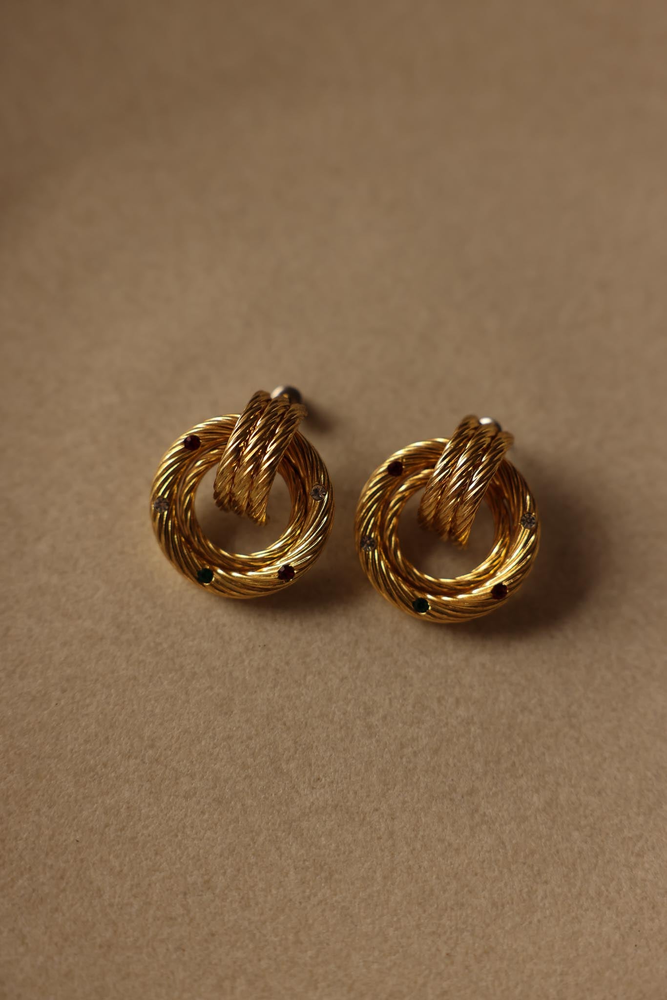 Gold-Tone Pierced Earrings with Red, Green, and Clear Accents – 1980s
