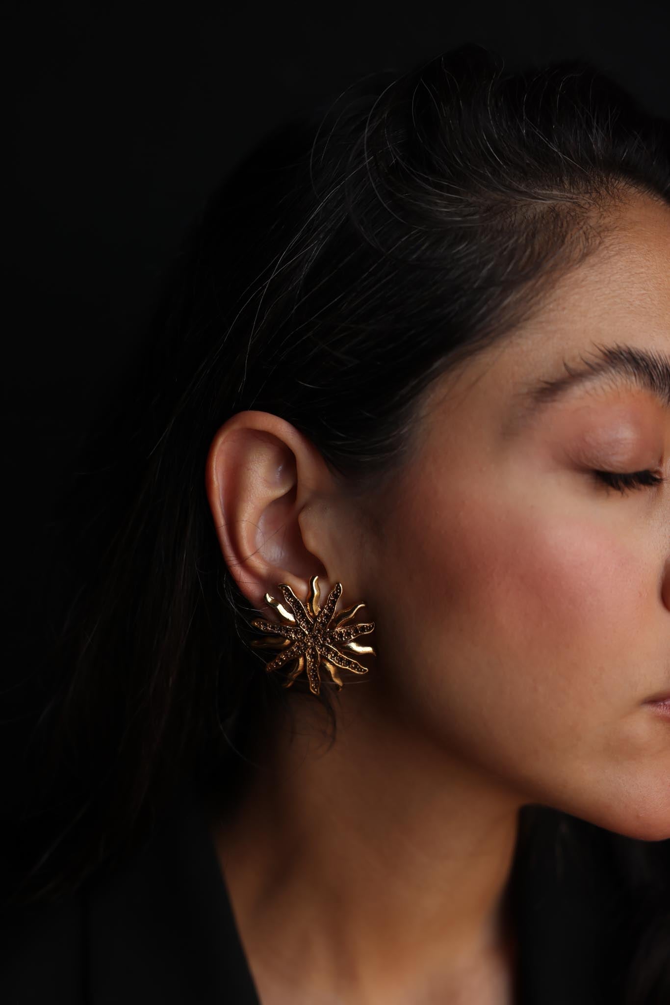 Gold-Tone Sunburst Clip-On Earrings|Vintage Baazaar 