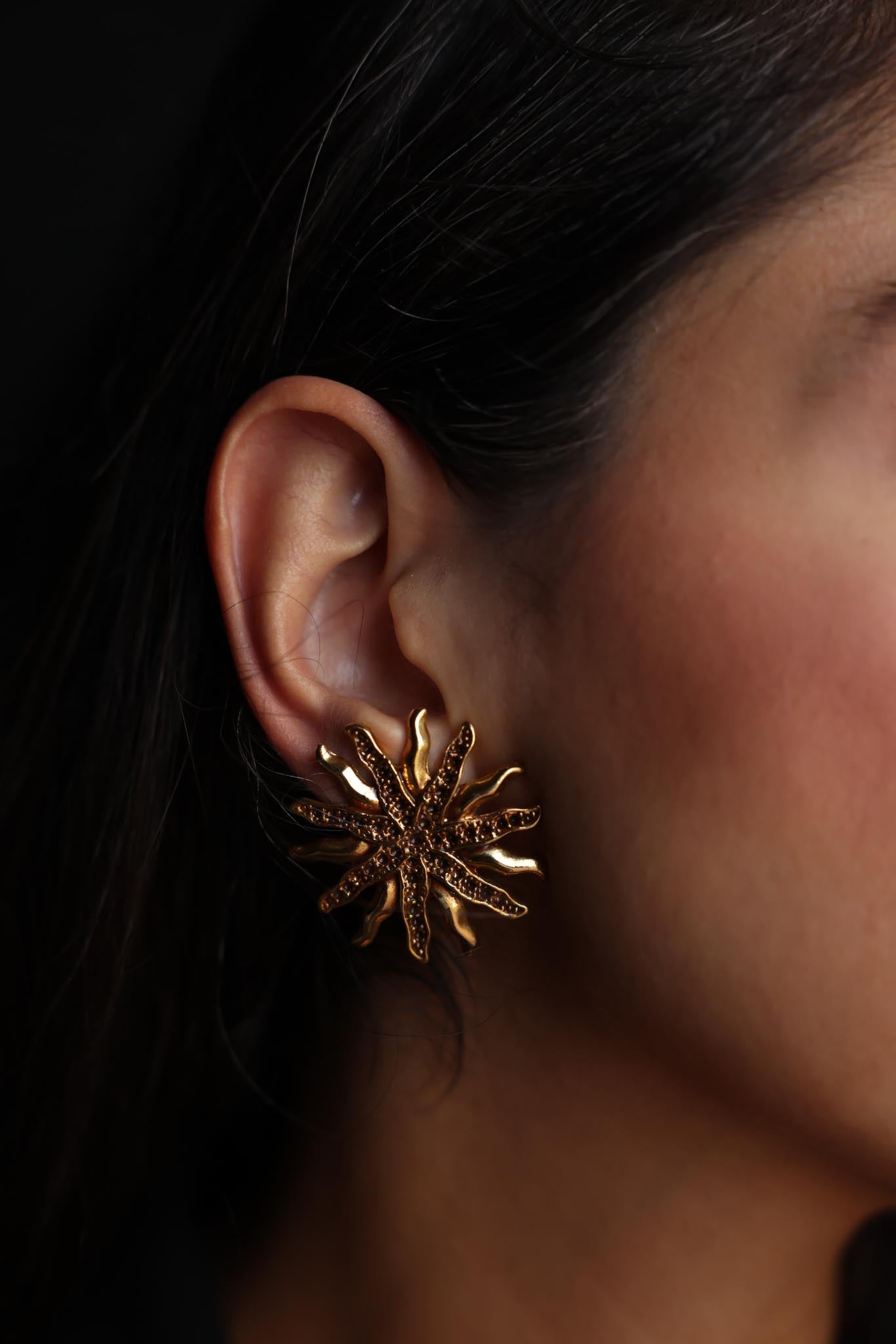 Gold-Tone Sunburst Clip-On Earrings|Vintage Baazaar 