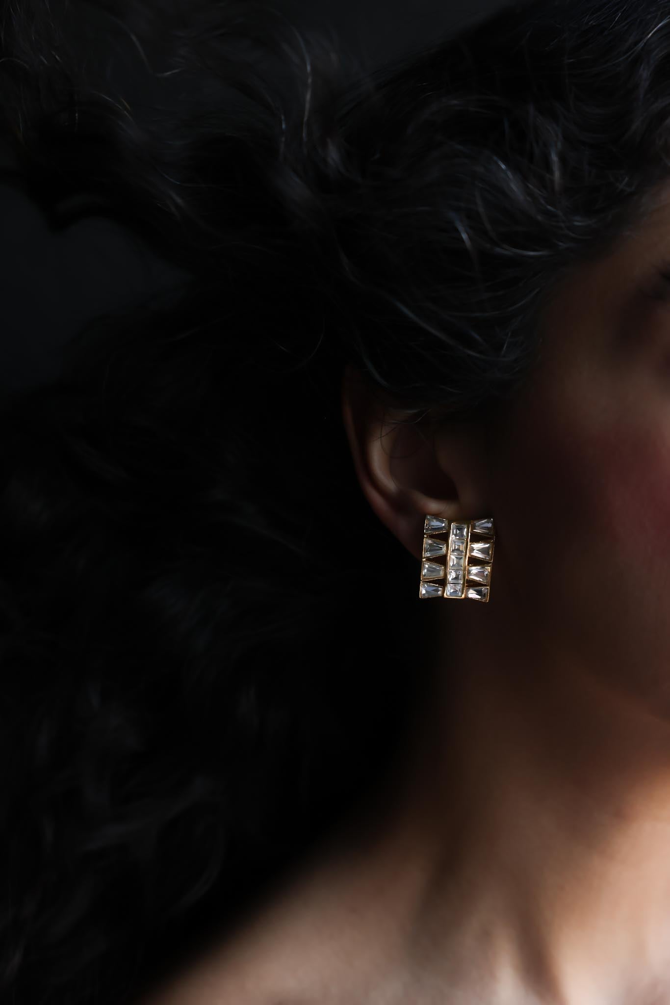 Gold-Tone Clip-On Earrings with Clear Baguette Rhinestones|Vintage Baazaar 