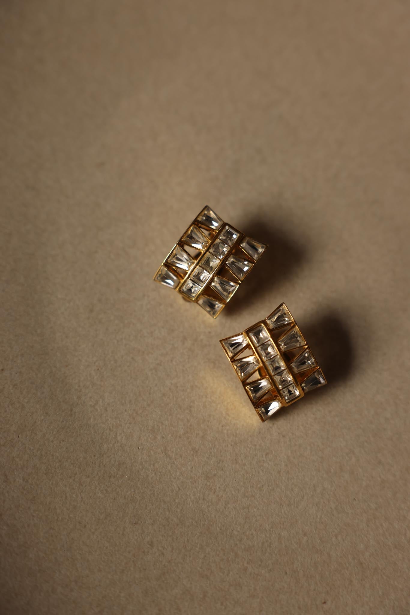 Gold-Tone Clip-On Earrings with Clear Baguette Rhinestones|Vintage Baazaar 
