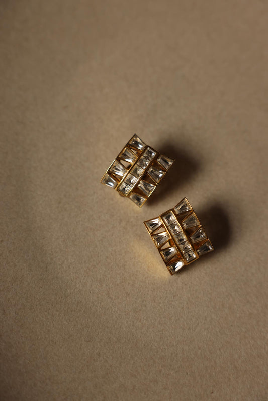Gold-Tone Clip-On Earrings with Clear Baguette Rhinestones|Vintage Baazaar 
