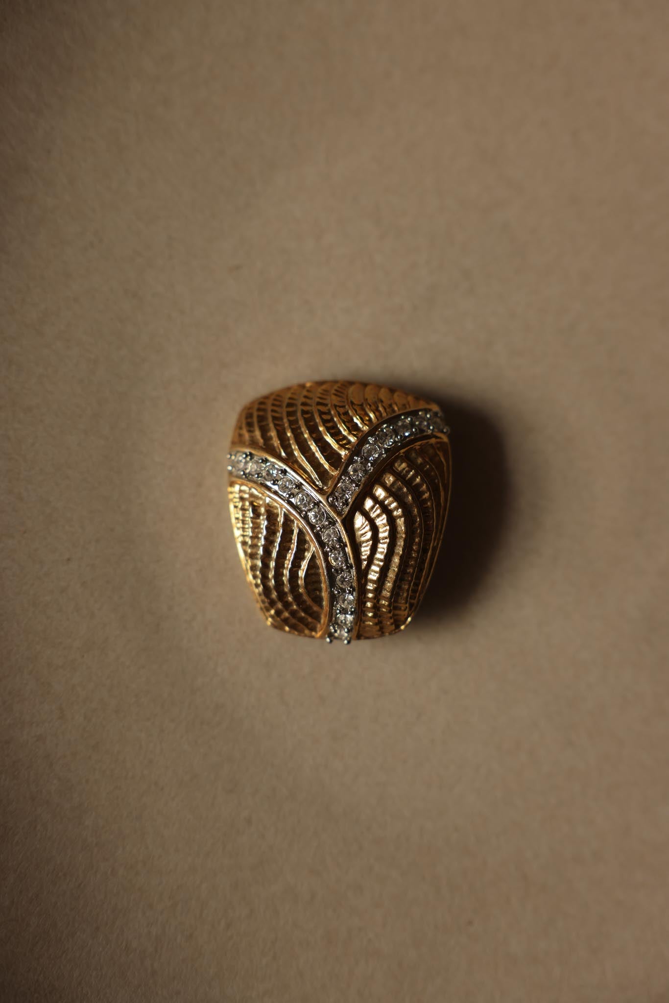 Gold-Toned Textured Brooch with Rhinestone Accents