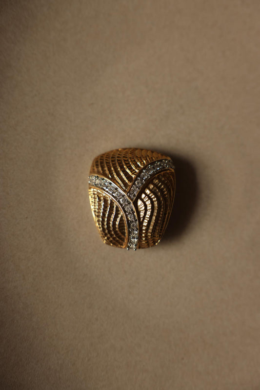 Gold-Toned Textured Brooch with Rhinestone Accents