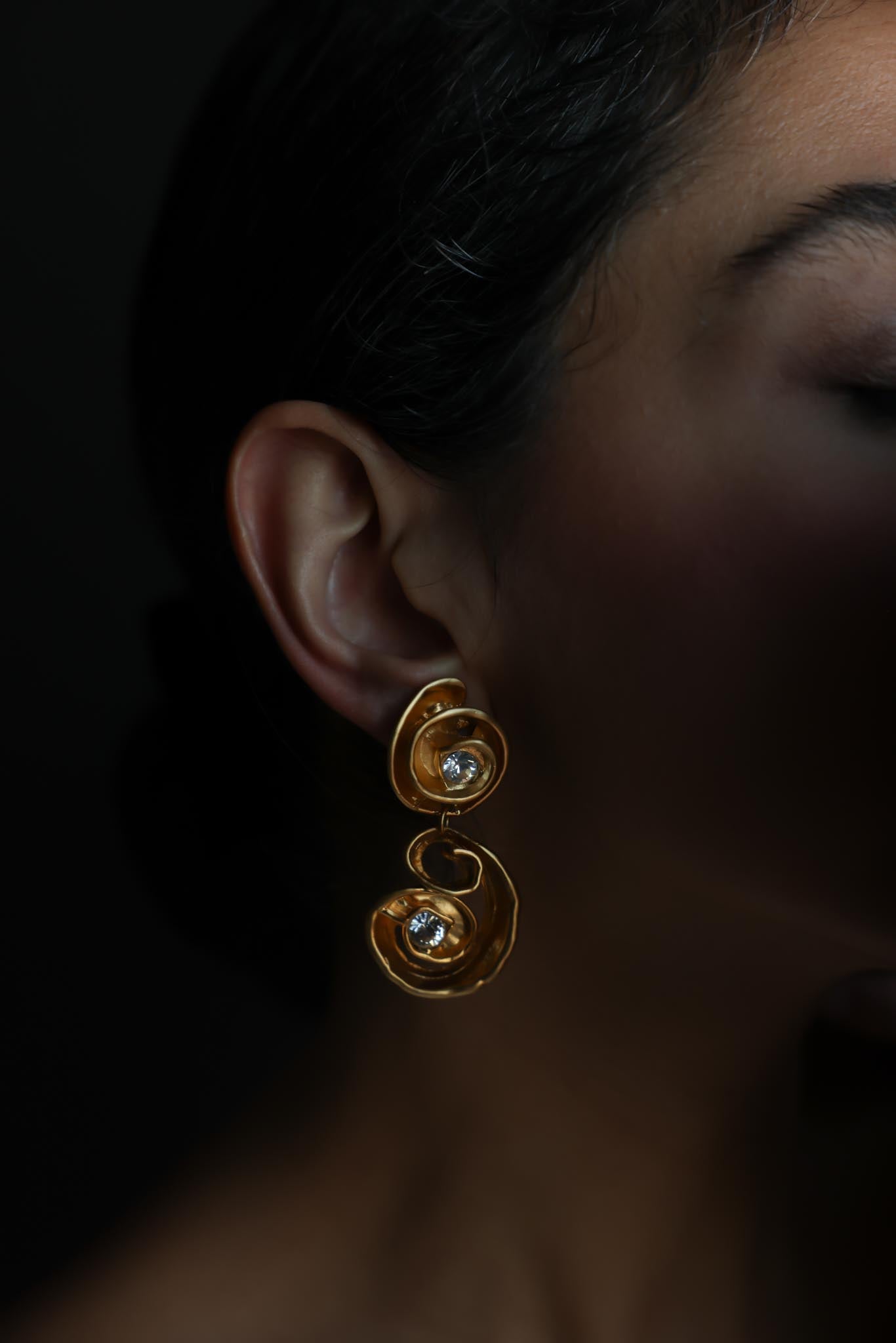 Matte Gold Spiral Rhinestone Drop Clip-On Earrings