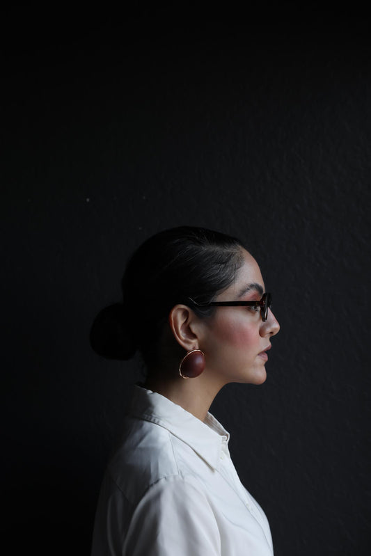 Wooden Dome Pierced Earrings with Gold-Tone Trim|Vintage Baazaar 