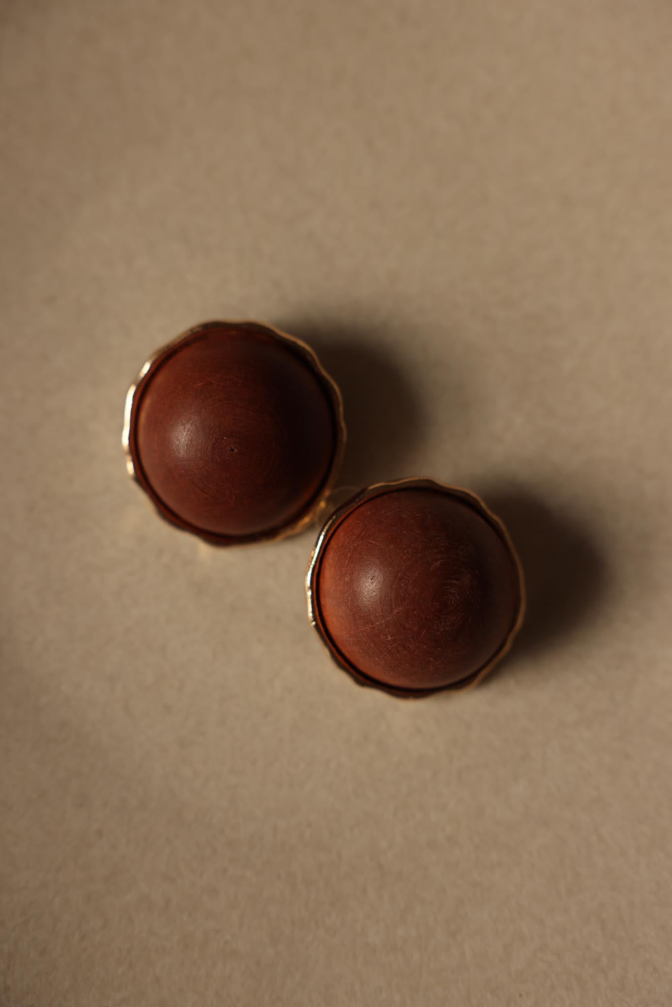 Wooden Dome Pierced Earrings with Gold-Tone Trim|Vintage Baazaar 