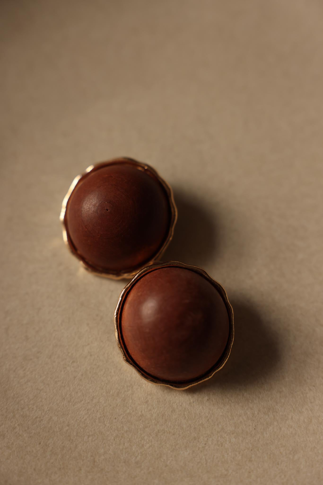 Wooden Dome Pierced Earrings with Gold-Tone Trim|Vintage Baazaar 