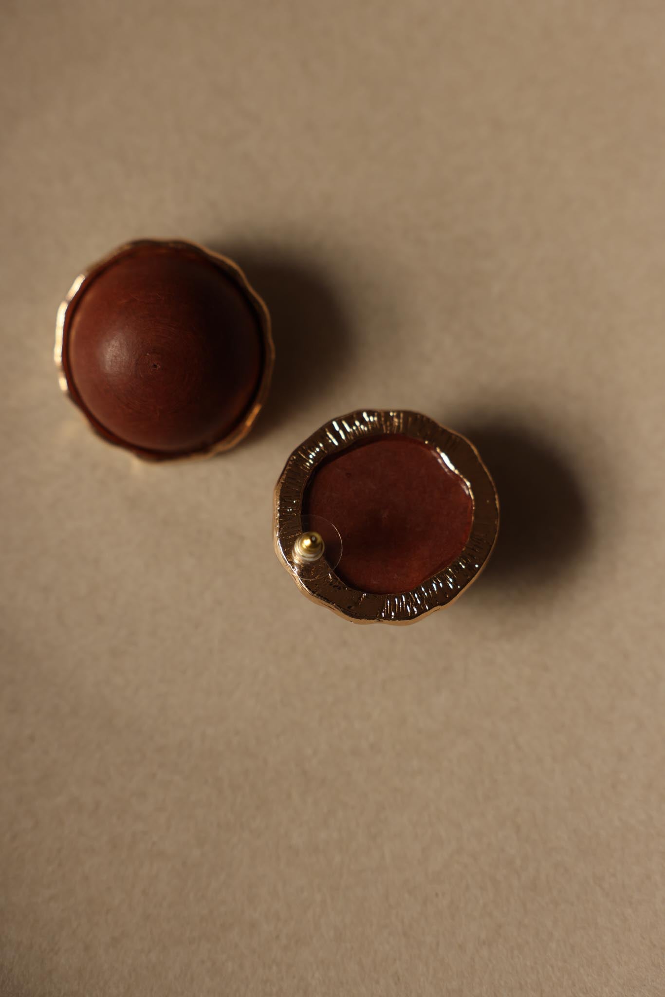 Wooden Dome Pierced Earrings with Gold-Tone Trim|Vintage Baazaar 