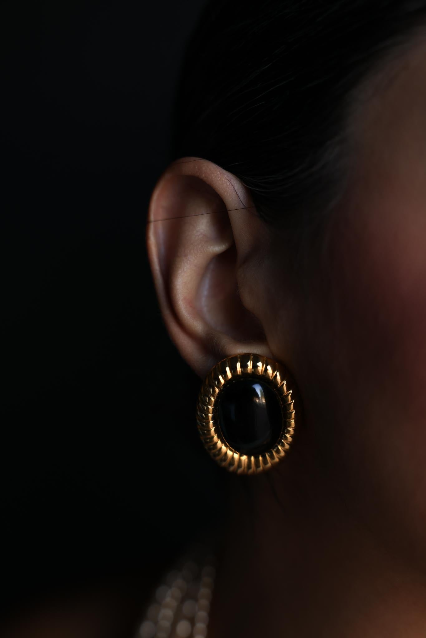 Gold-Tone Black Oval Clip-On Earrings