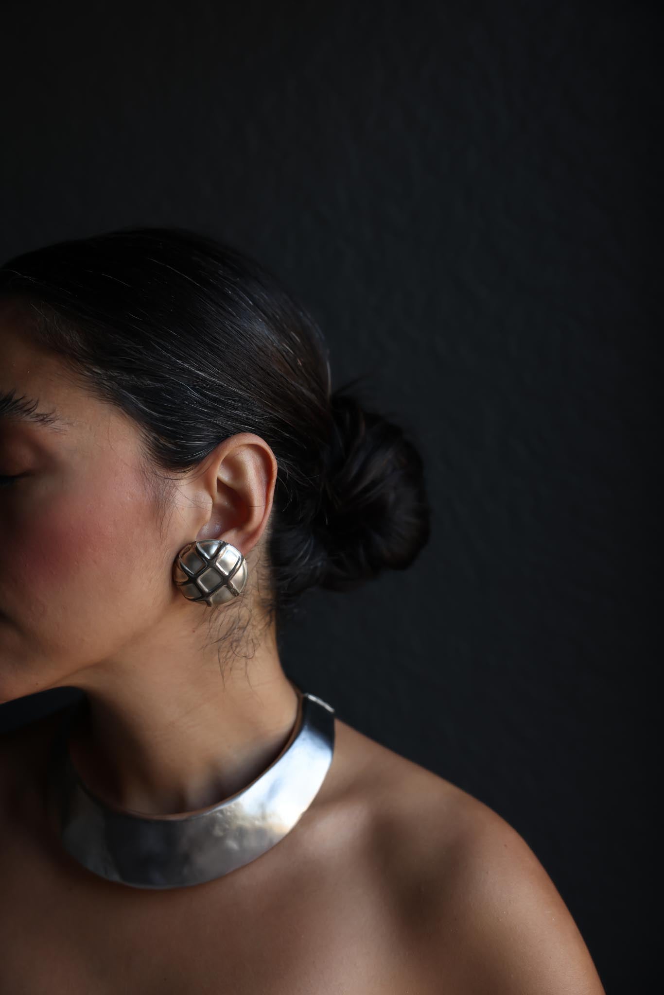Matte Silver-Tone Grid Clip-On Earrings