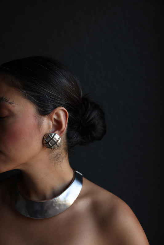 Matte Silver-Tone Grid Clip-On Earrings