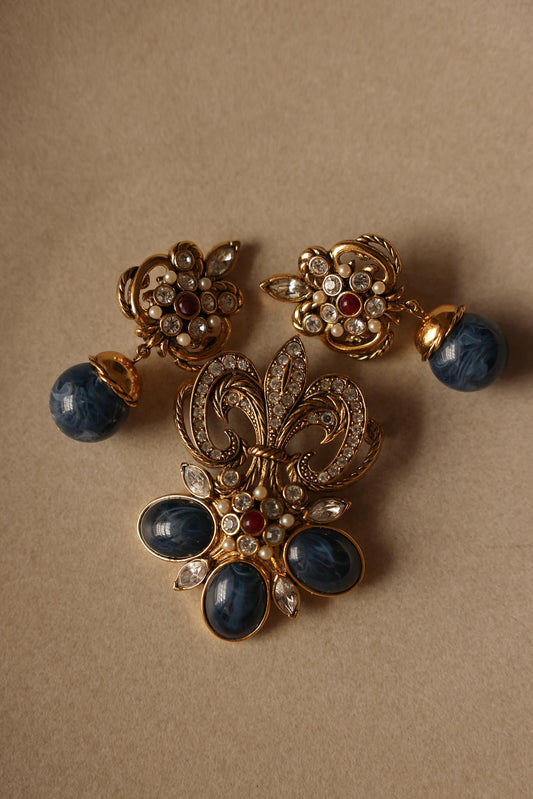 Barrera for Avon Earrings and Brooch Set – Gold Tone with Navy Blue Accents