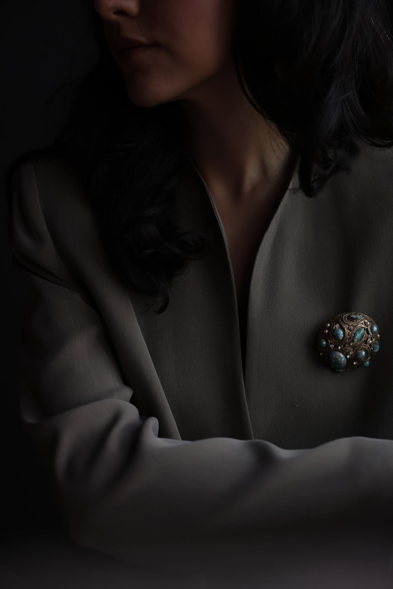 Gold-Tone Turquoise-Color Cabochon Brooch