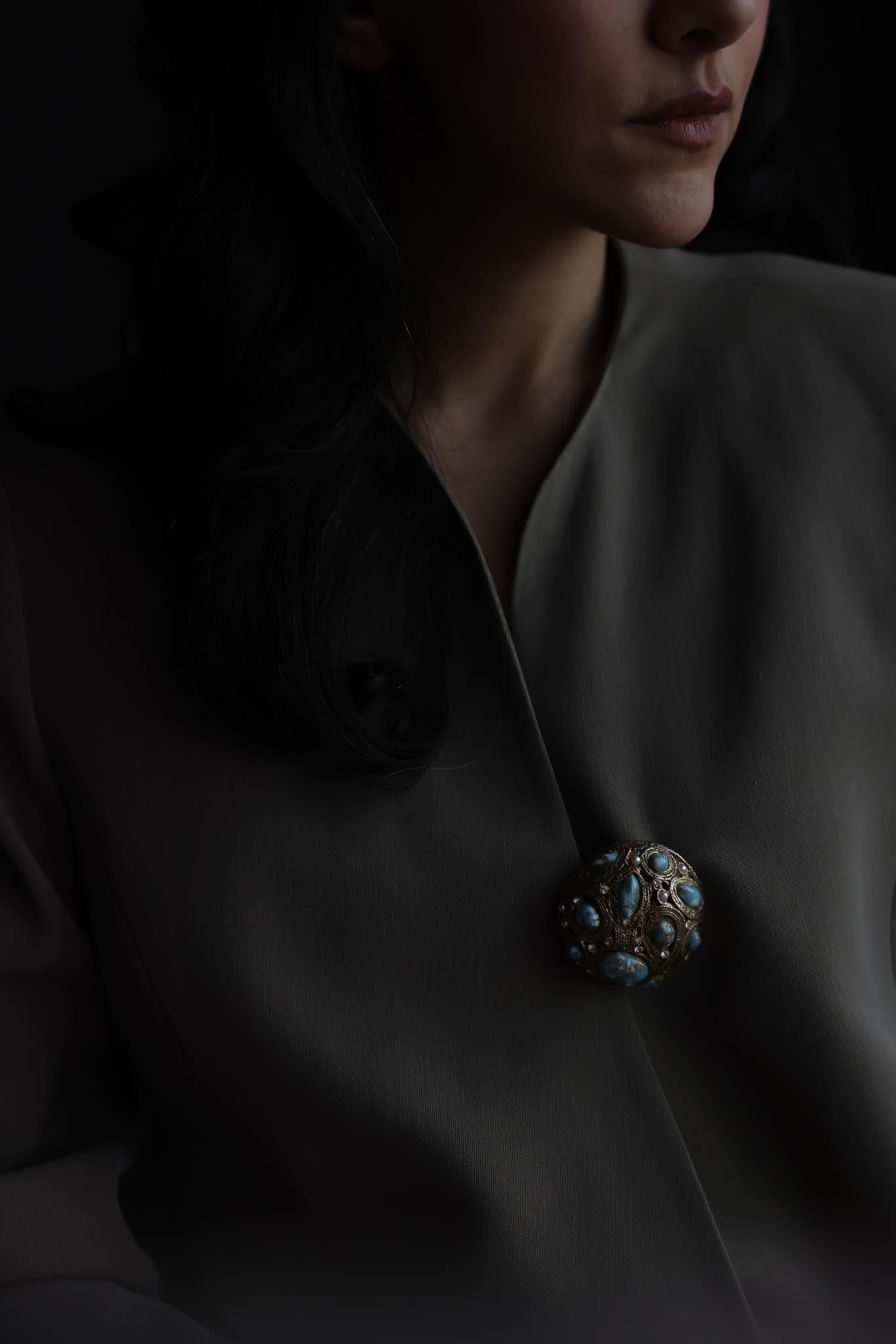 Gold-Tone Turquoise-Color Cabochon Brooch