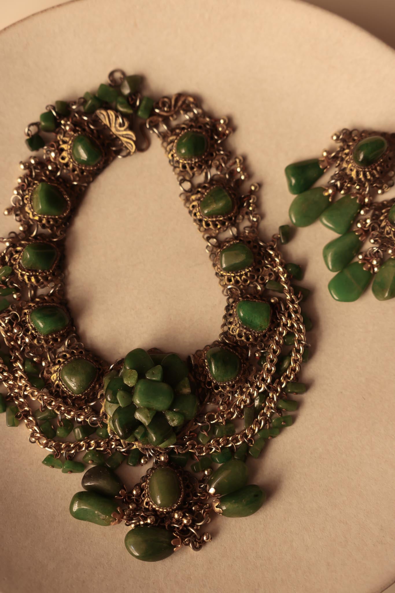 Brass and Green Gemstone Statement Necklace and Clip-On Earring Set|Vintage Baazaar 