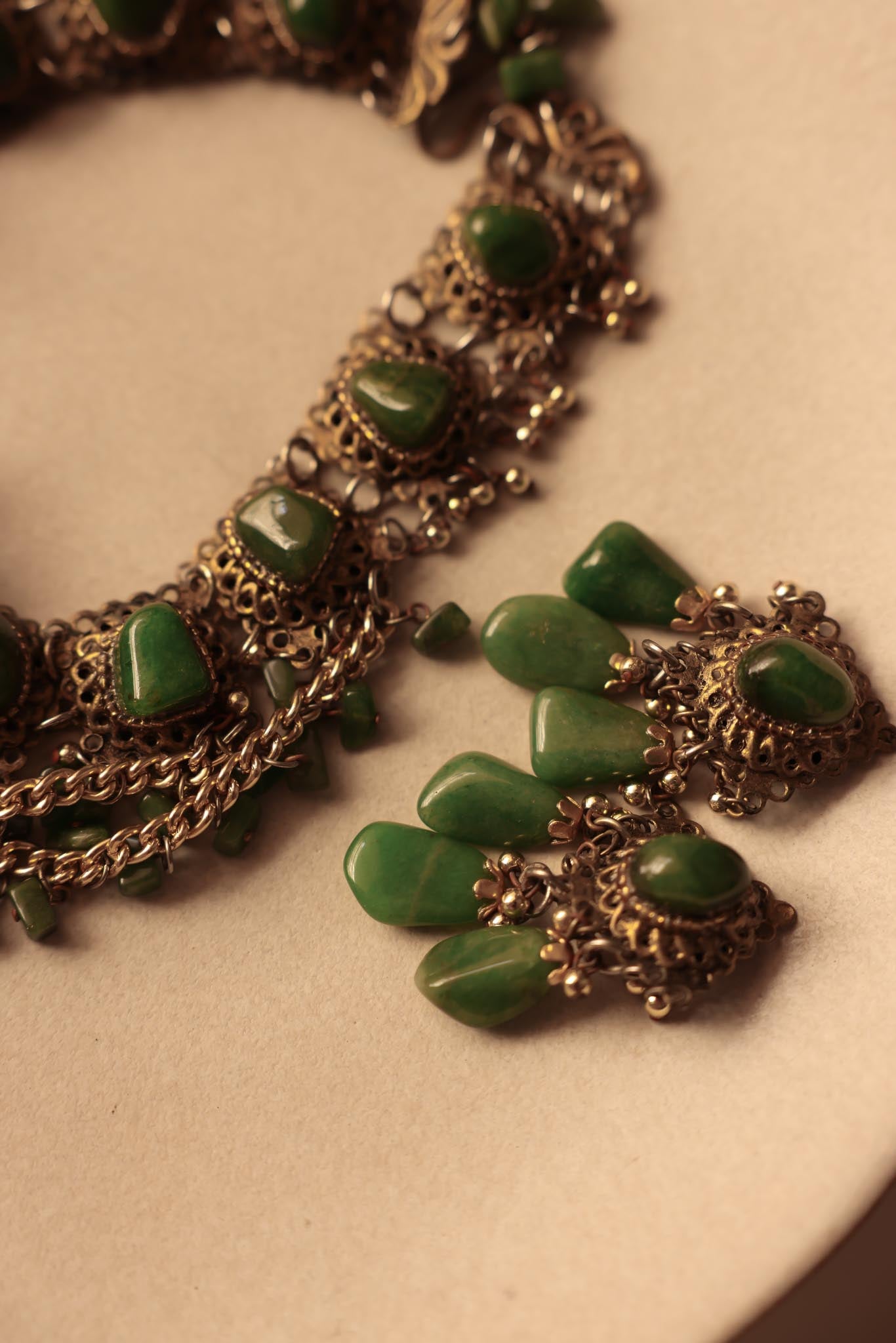Brass and Green Gemstone Statement Necklace and Clip-On Earring Set|Vintage Baazaar 