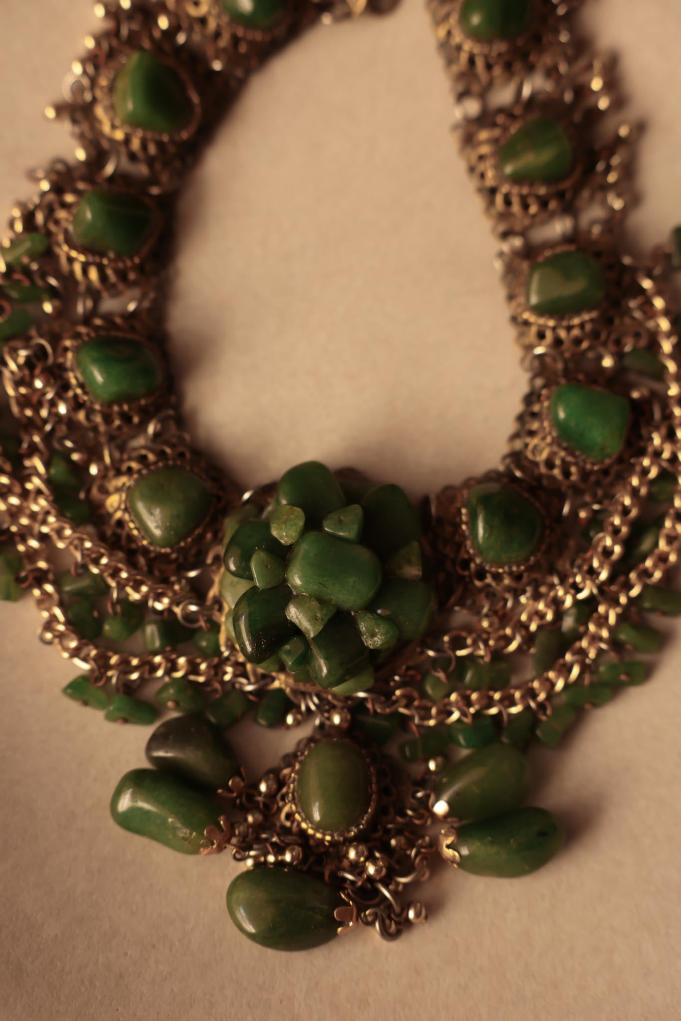 Brass and Green Gemstone Statement Necklace and Clip-On Earring Set|Vintage Baazaar 