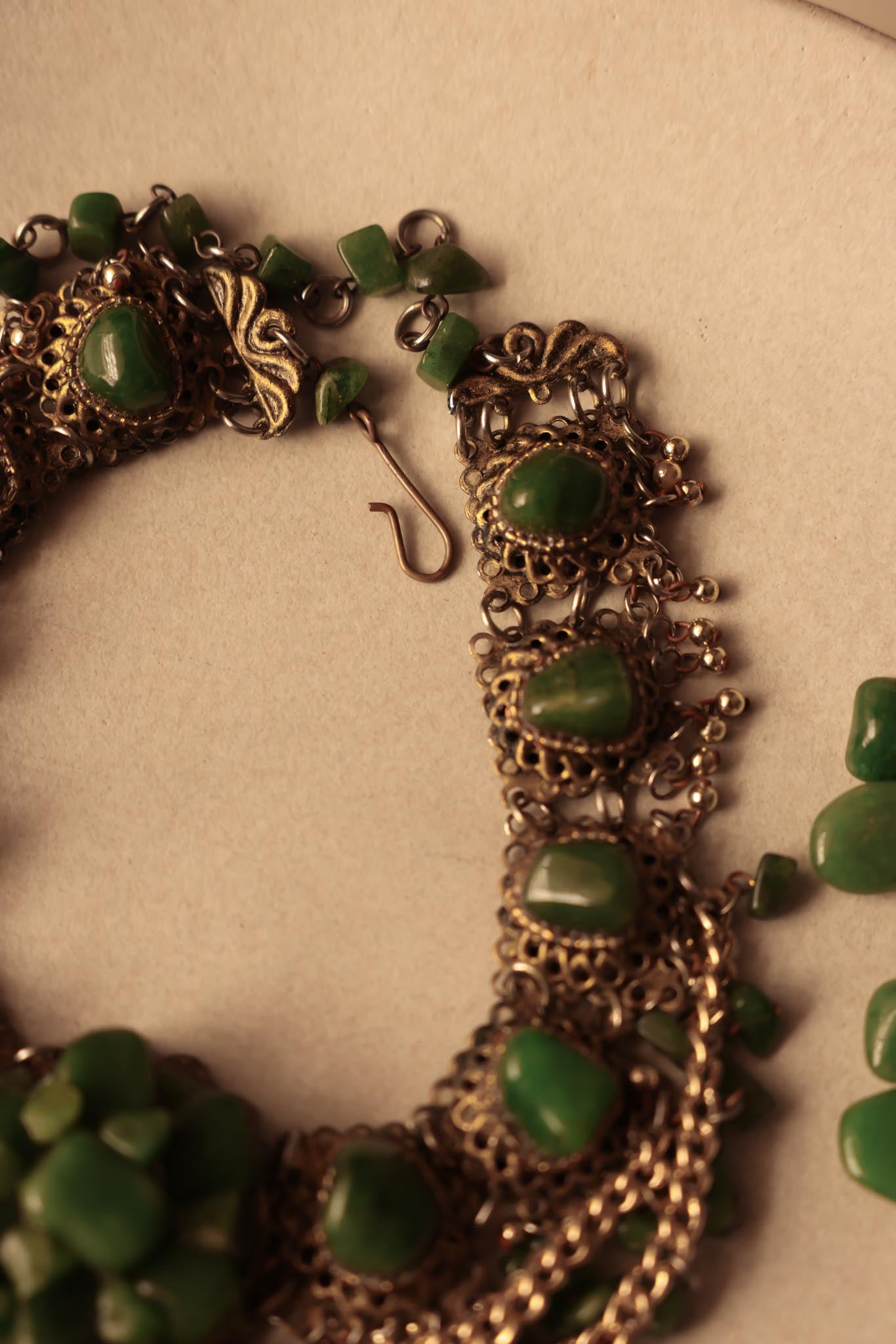 Brass and Green Gemstone Statement Necklace and Clip-On Earring Set|Vintage Baazaar 
