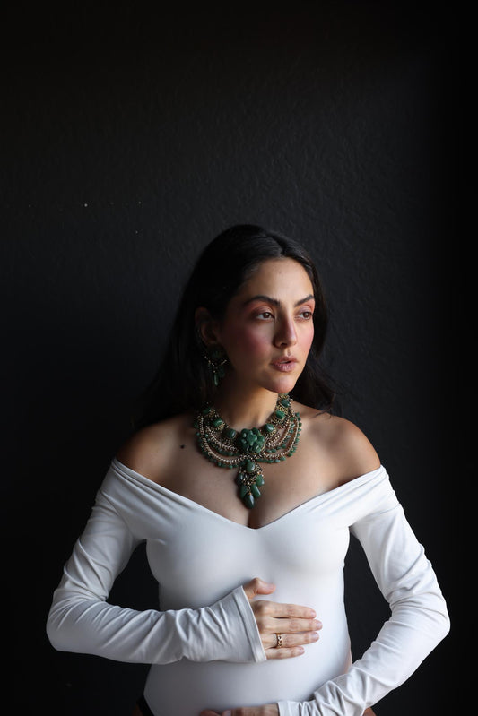 Brass and Green Gemstone Statement Necklace and Clip-On Earring Set|Vintage Baazaar 