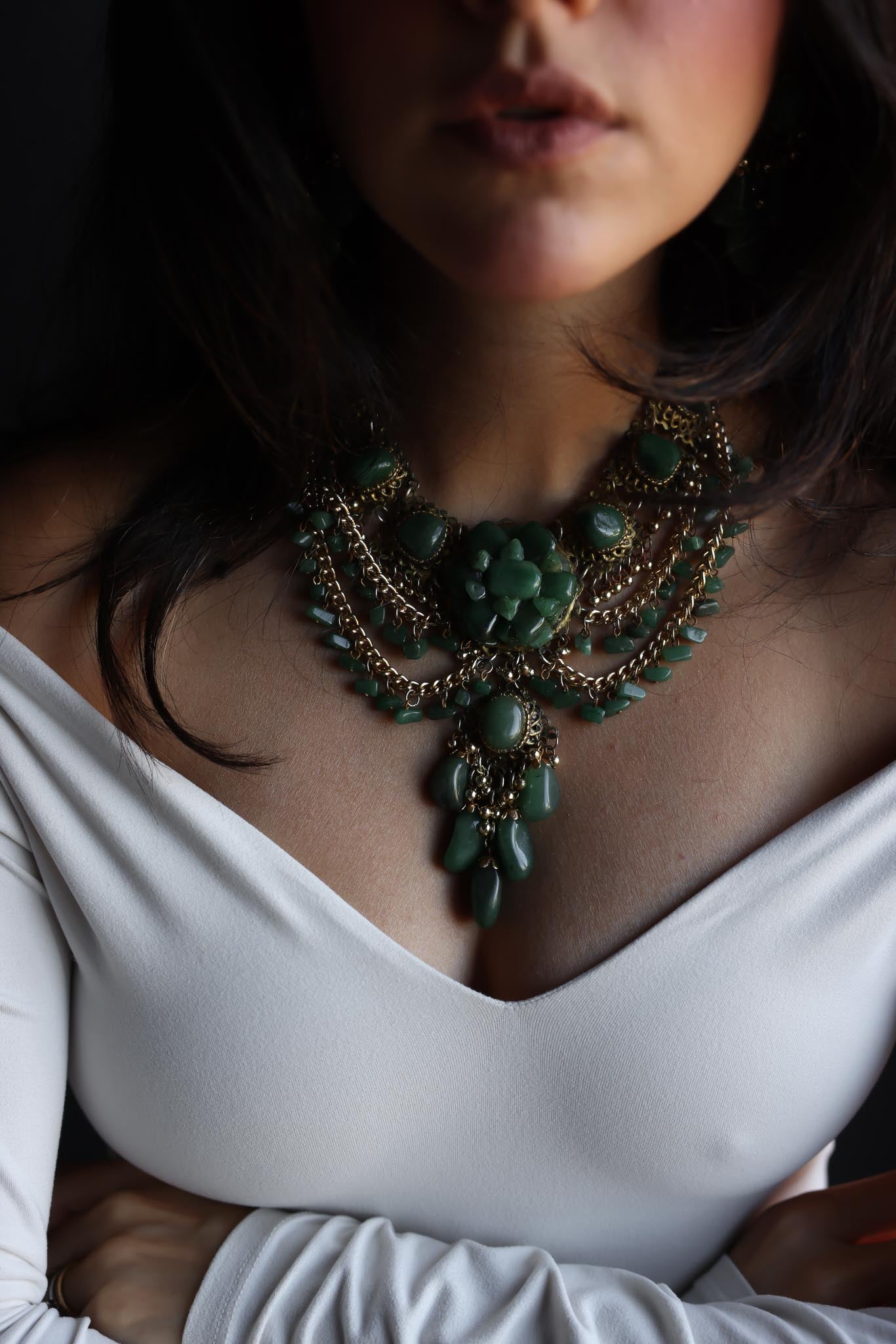 Brass and Green Gemstone Statement Necklace and Clip-On Earring Set|Vintage Baazaar 