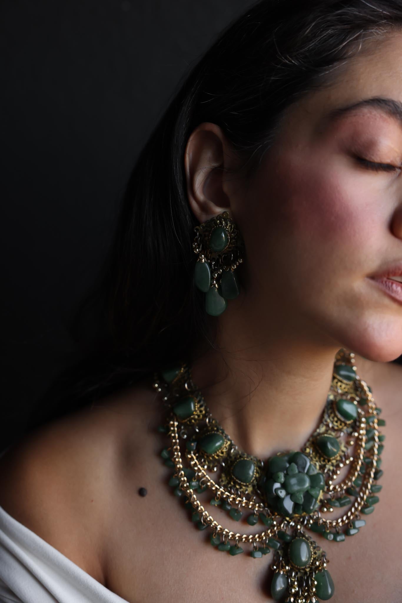 Brass and Green Gemstone Statement Necklace and Clip-On Earring Set|Vintage Baazaar 