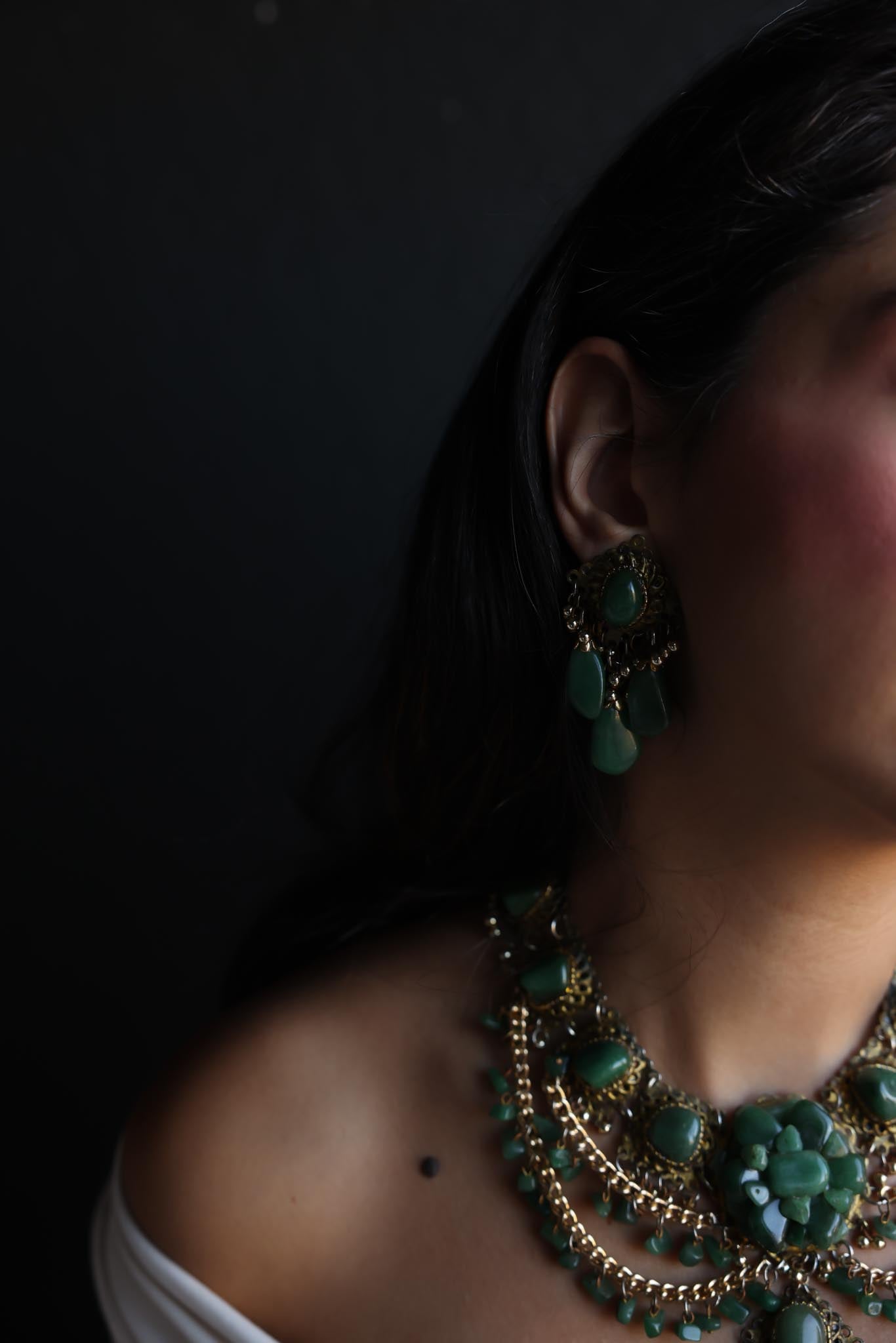Brass and Green Gemstone Statement Necklace and Clip-On Earring Set|Vintage Baazaar 