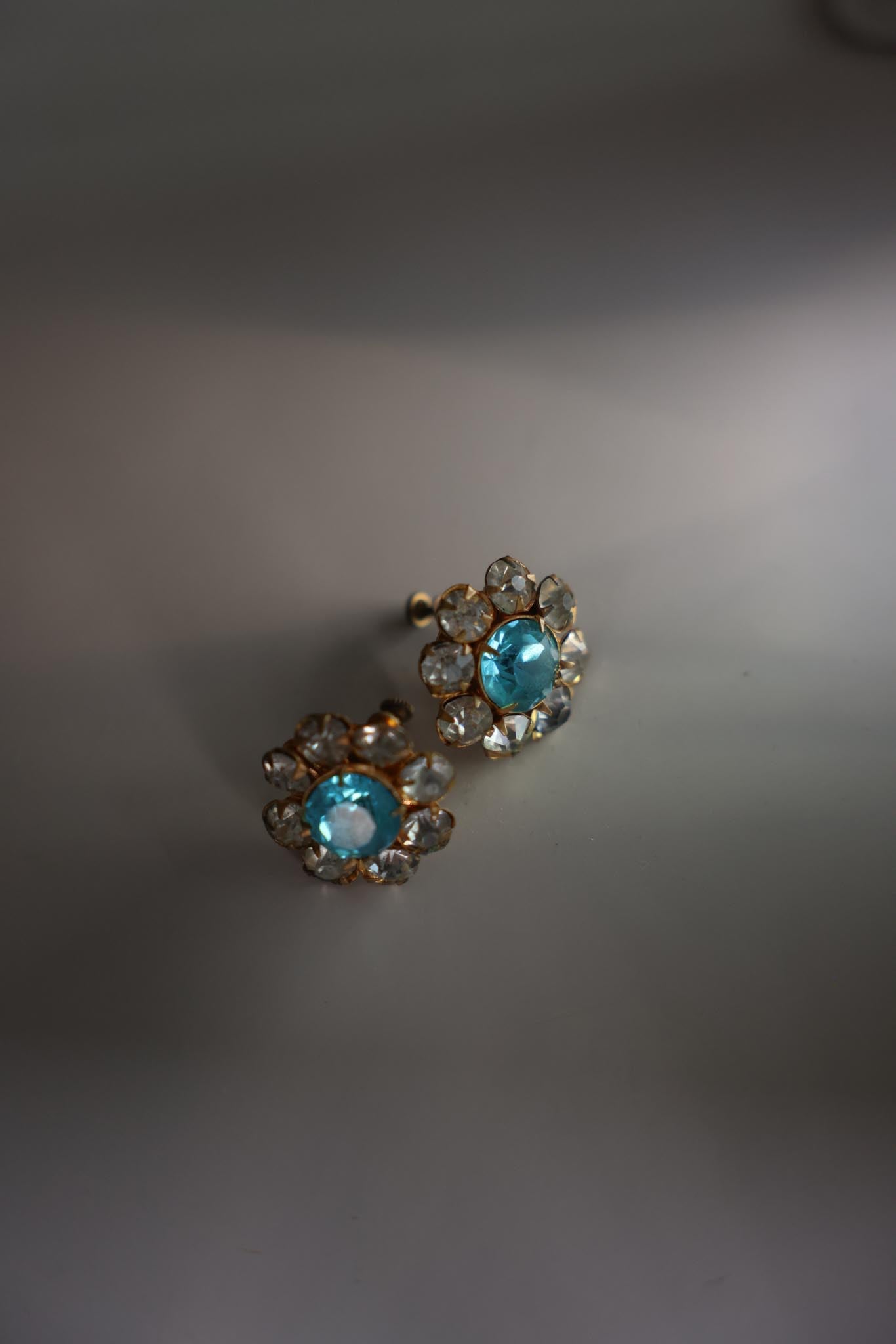 Blue Glass and Rhinestone Screw-Back Earrings